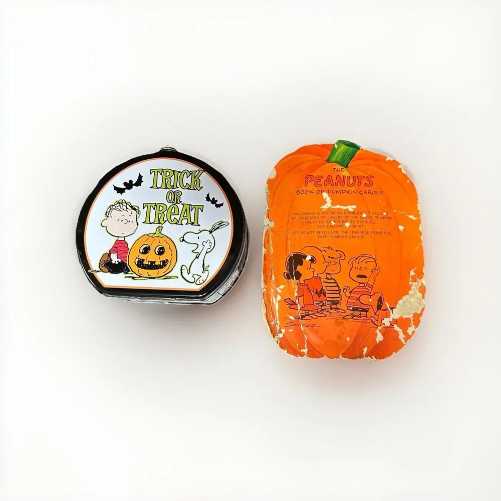 Peanuts Halloween Lot – 2011 Trick or Treat Tin + Vintage Pumpkin Carols Book
